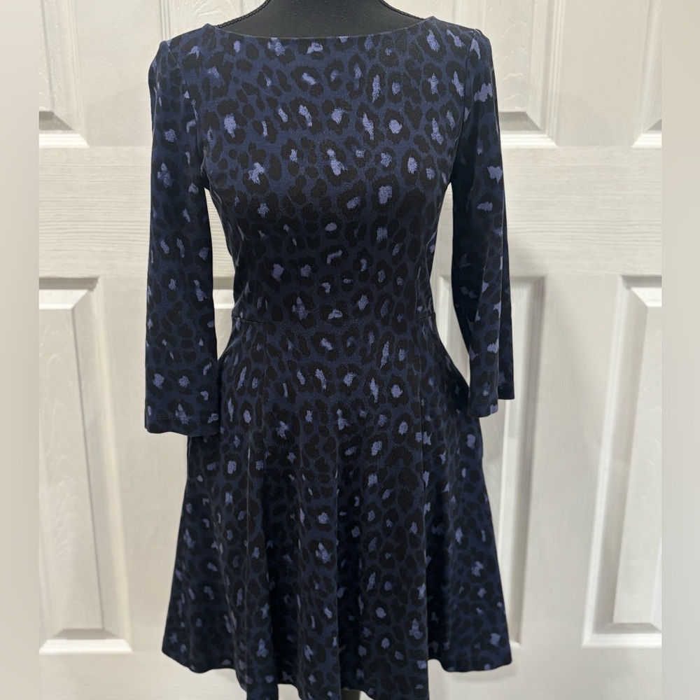 KATE SPADE BROOME STREET LEOPARD PONTE FIT & FLARE in Navy Blue & Black size S